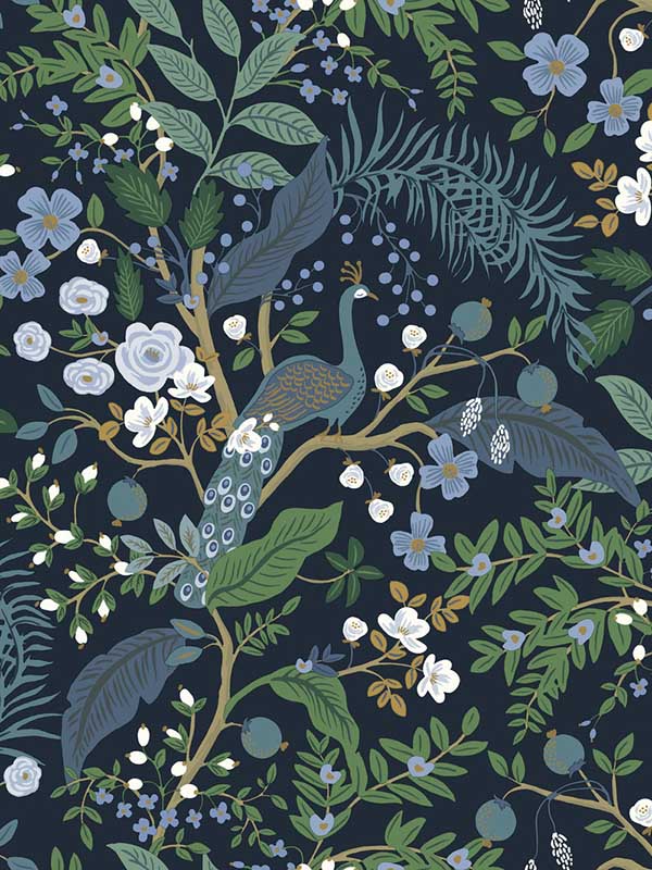 Peacock Garden Peel and Stick fabric in navy color - pattern number PSW1536RL - by Rifle Paper Co in the Rifle Paper Co Third Edition Peel and Stick Wallpaper collection