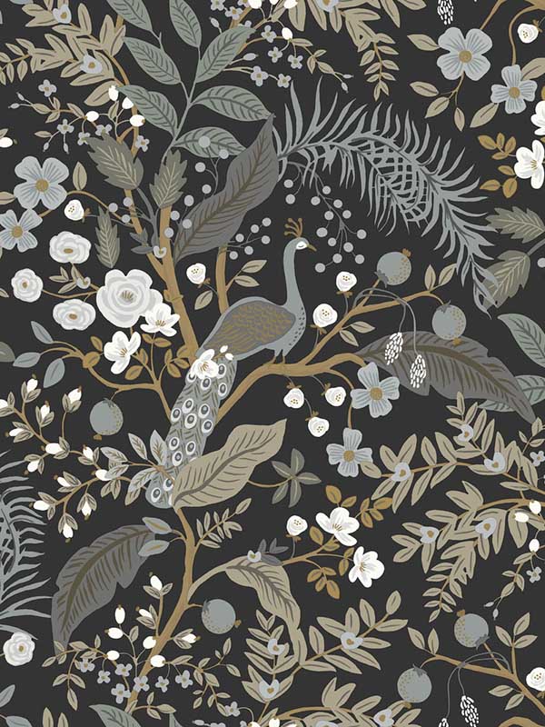 Peacock Garden Peel and Stick fabric in black color - pattern number PSW1537RL - by Rifle Paper Co in the Rifle Paper Co Third Edition Peel and Stick Wallpaper collection