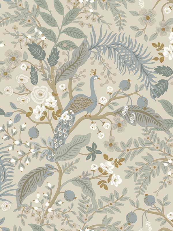Peacock Garden Peel and Stick fabric in linen color - pattern number PSW1538RL - by Rifle Paper Co in the Rifle Paper Co Third Edition Peel and Stick Wallpaper collection