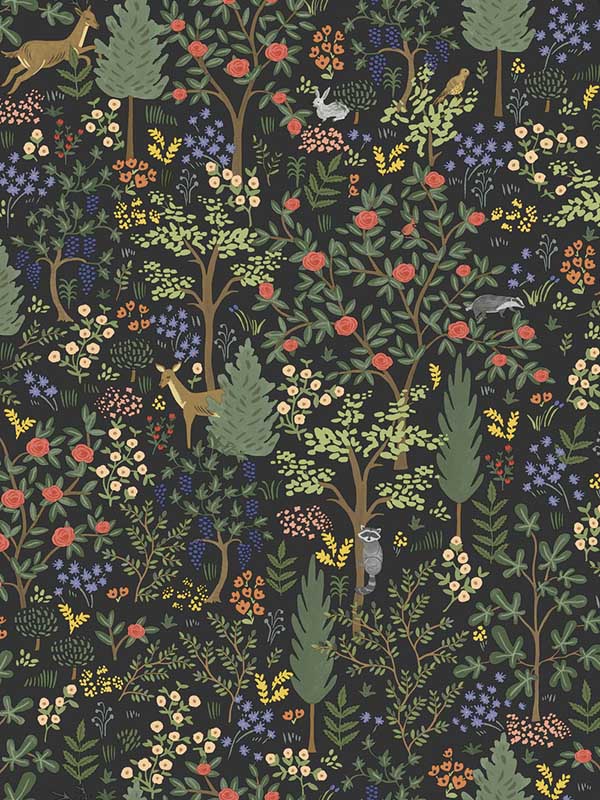 Woodland Peel and Stick fabric in black color - pattern number PSW1546RL - by Rifle Paper Co in the Rifle Paper Co Third Edition Peel and Stick Wallpaper collection