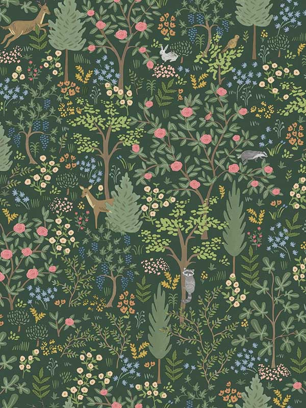 Woodland Peel and Stick fabric in emerald color - pattern number PSW1548RL - by Rifle Paper Co in the Rifle Paper Co Third Edition Peel and Stick Wallpaper collection