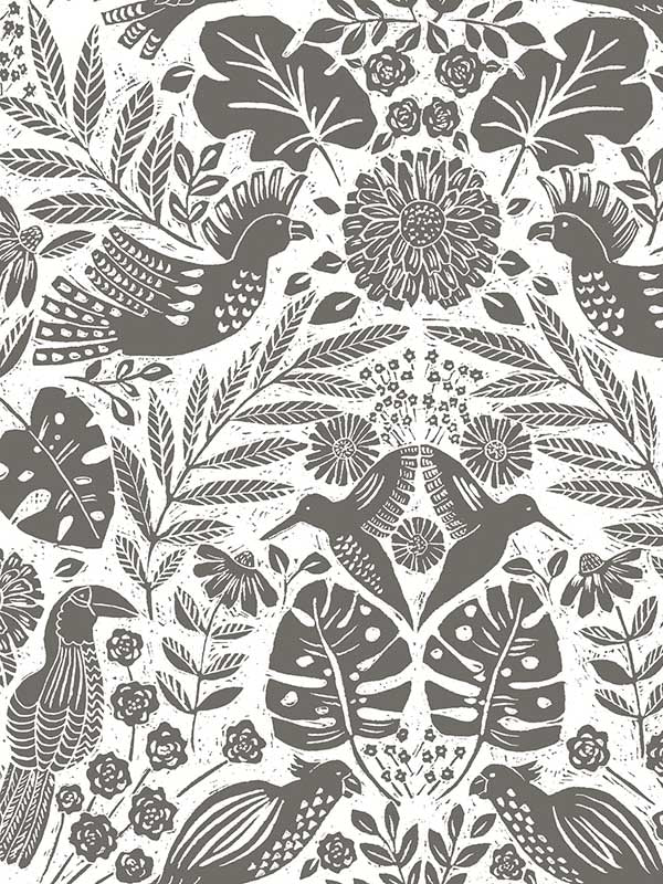 Nestle Bird Block Print fabric in charcoal color - pattern number 4122-27004 - by A Street Prints in the Terrace collection
