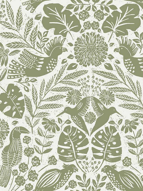 Nestle Bird Block Print fabric in green color - pattern number 4122-27005 - by A Street Prints in the Terrace collection