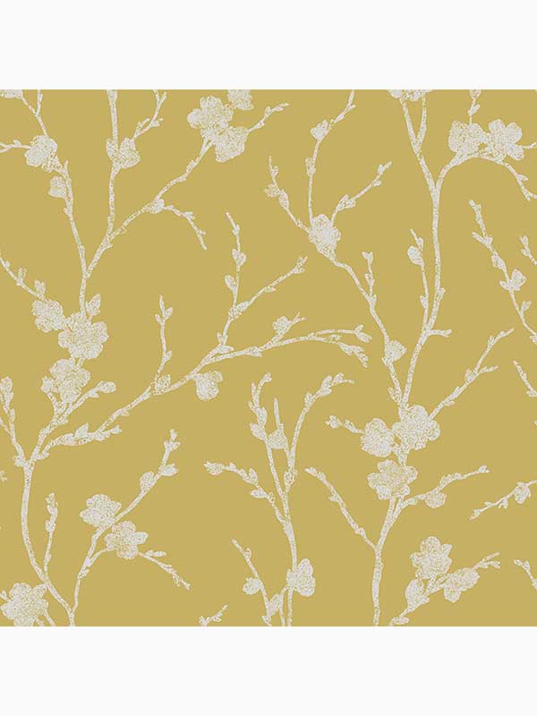 Meiying Floral Trail fabric in saffron yellow and silver color - pattern number 103521 - by Graham and Brown in the Graham and Brown Collection collection