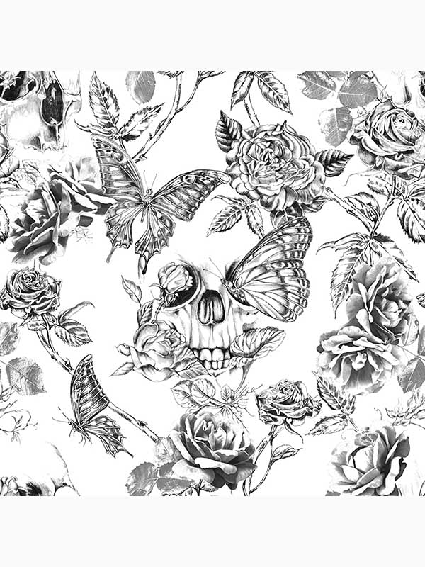 Skull Roses Floral Animals fabric in black and white color - pattern number 104560 - by Graham and Brown in the Graham and Brown Collection collection