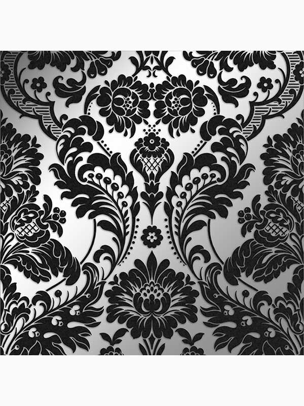 Gothic Damask Flock fabric in black and silver color - pattern number 104562 - by Graham and Brown in the Graham and Brown Collection collection
