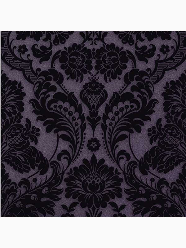 Gothic Damask Flock fabric in plum purple and black color - pattern number 106586 - by Graham and Brown in the Graham and Brown Collection collection