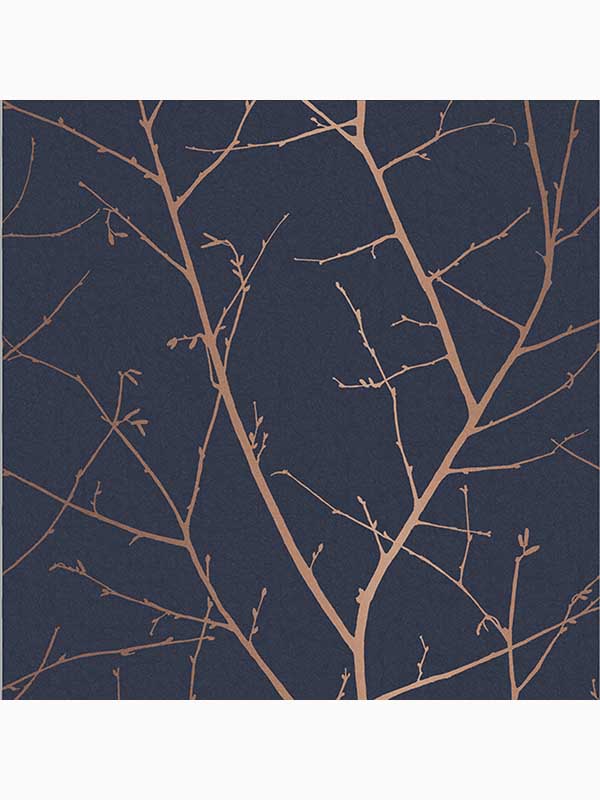 Boreas Trees Trail fabric in midnight navy blue and copper color - pattern number 107581 - by Graham and Brown in the Graham and Brown Collection collection