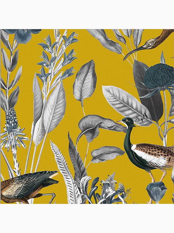 Glasshouse Birds Tropical fabric in mustard yellow color - pattern number 111720 - by Graham and Brown in the Graham and Brown Collection collection