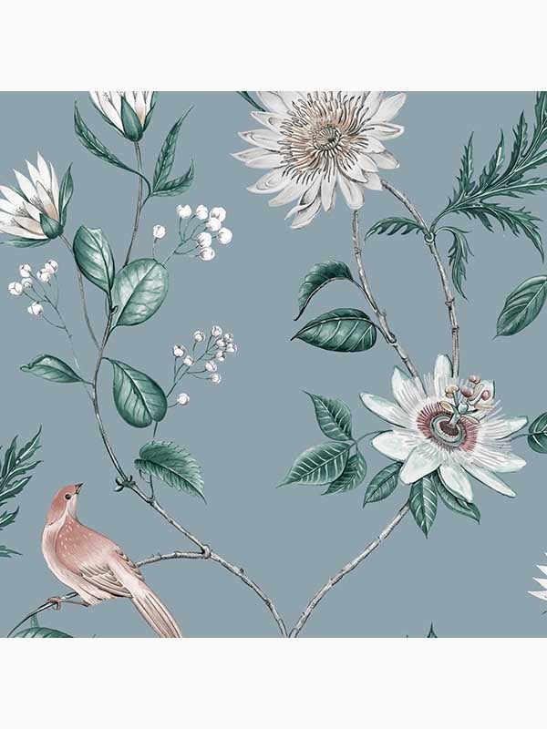 Nuit Floral Birds wallpaper in sky blue color - pattern number 115047 - by Graham and Brown in the Graham and Brown Collection collection