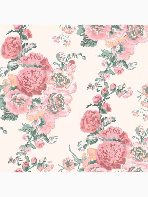 Hollyhocks fabric in coral pink color - pattern number 118479 - by Laura Ashley in the Laura Ashley Collection collection