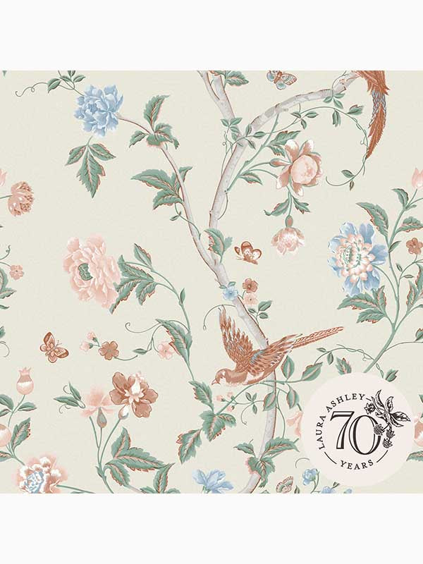 Summer Palace fabric in sage and apricot color - pattern number 120133 - by Laura Ashley in the Laura Ashley Collection collection