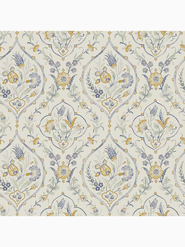Foscot Damask fabric in pale ochre yellow color - pattern number 121070 - by Laura Ashley in the Laura Ashley Collection collection