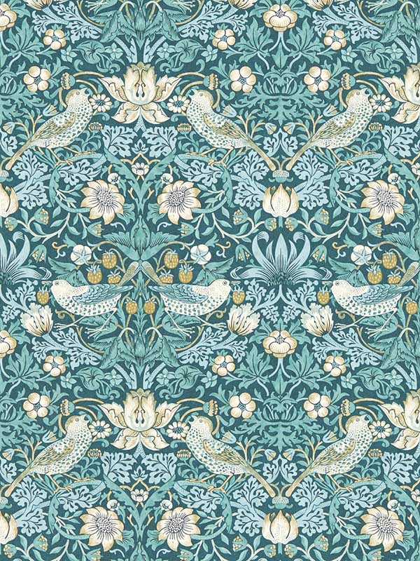 Strawberry Thief fabric in teal color - pattern number W0171/06.CAC.0 - by Clarke and Clarke in the William Morris Wallcovering collection