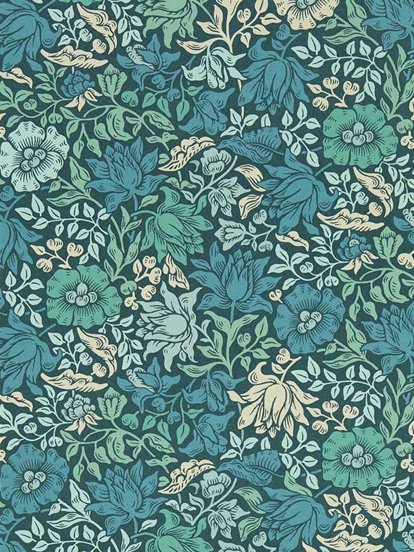 Mallow fabric in teal color - pattern number W0173/02.CAC.0 - by Clarke and Clarke in the William Morris Wallcovering collection