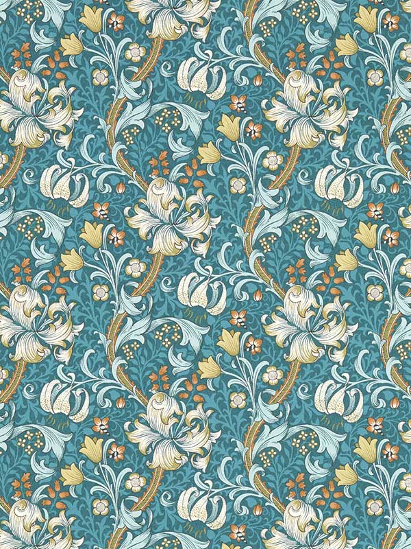 Golden Lily fabric in teal color - pattern number W0174/03.CAC.0 - by Clarke and Clarke in the William Morris Wallcovering collection