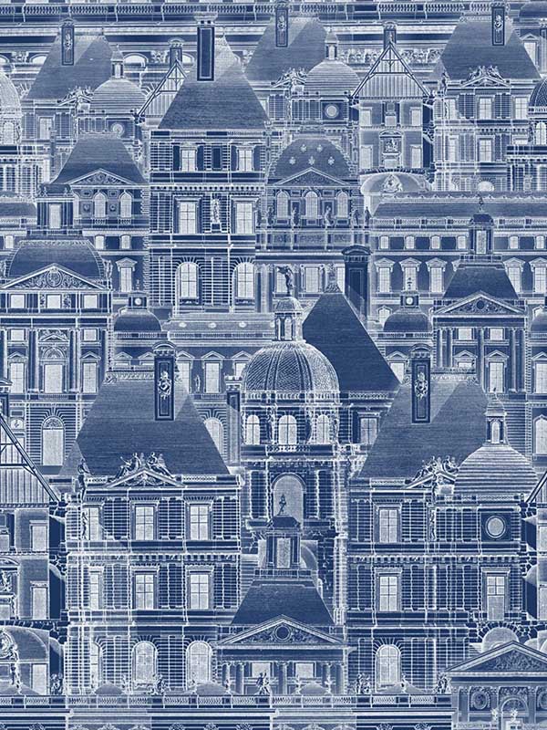 Louvre fabric in blue black and white grey brown sepia color - pattern number WP20021 - by Mind the Gap in the Designer Collection I collection