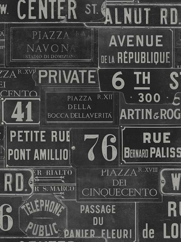 Vintage Signs wallpaper in anthracite black and white color - pattern number WP20037 - by Mind the Gap in the Designer Collection I collection