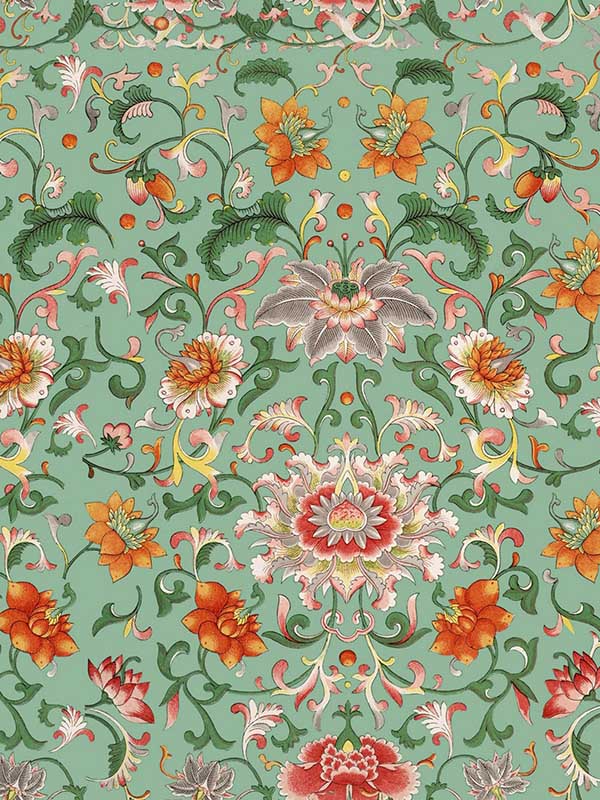 Chinese Floral fabric in green orange color - pattern number WP20053 - by Mind the Gap in the Designer Collection I collection