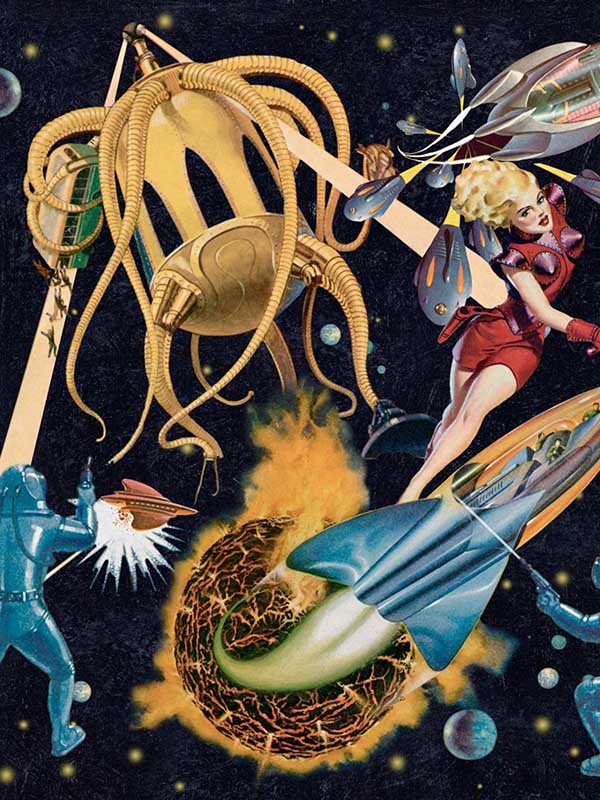 Sci Fi Pulp fabric in blue yellow red color - pattern number WP20064 - by Mind the Gap in the Designer Collection I collection
