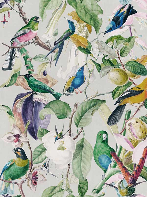 Tropical Birds fabric in green white blue taupe color - pattern number WP20172 - by Mind the Gap in the Designer Collection II collection