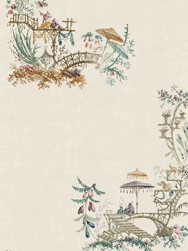 Chinoserie fabric in coconut taupe brown green red color - pattern number WP20464 - by Mind the Gap in the Compendium collection