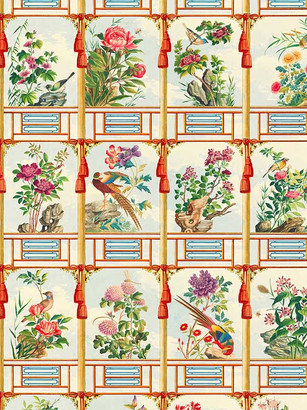 Flowering Wall fabric in taupe red green blue color - pattern number WP20585 - by Mind the Gap in the Compendium Volume 2 collection