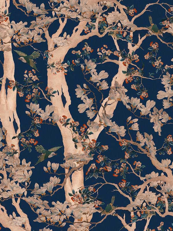 The Sacred Tree fabric in indigo blue peach red taupe color - pattern number WP20592 - by Mind the Gap in the Compendium Volume 2 collection