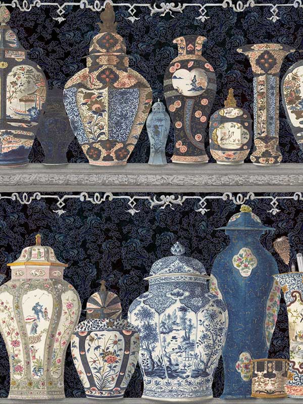 Ceramic Wonders fabric in indigo black taupe yellow pink color - pattern number WP20596 - by Mind the Gap in the Compendium Volume 2 collection