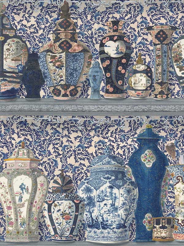 Ceramic Wonders fabric in indigo taupe yellow pink grey color - pattern number WP20597 - by Mind the Gap in the Compendium Volume 2 collection