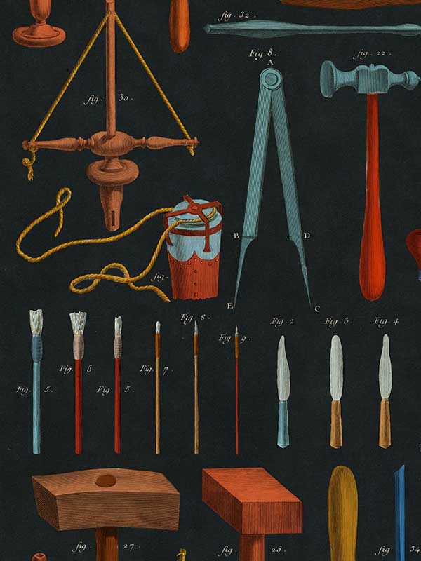 Old Tools fabric in anthracite red blue brown yellow color - pattern number WP20598 - by Mind the Gap in the Compendium Volume 2 collection