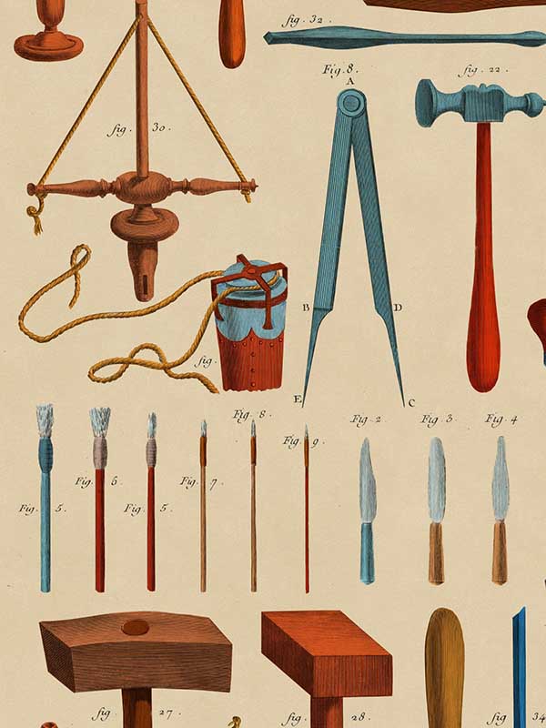 Old Tools fabric in taupe red blue brown yellow color - pattern number WP20599 - by Mind the Gap in the Compendium Volume 2 collection