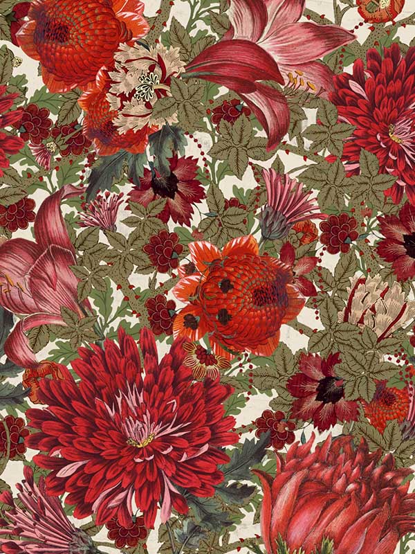 The Flowering fabric in red green white color - pattern number WP20551 - by Mind the Gap in the Transylvanian Roots collection