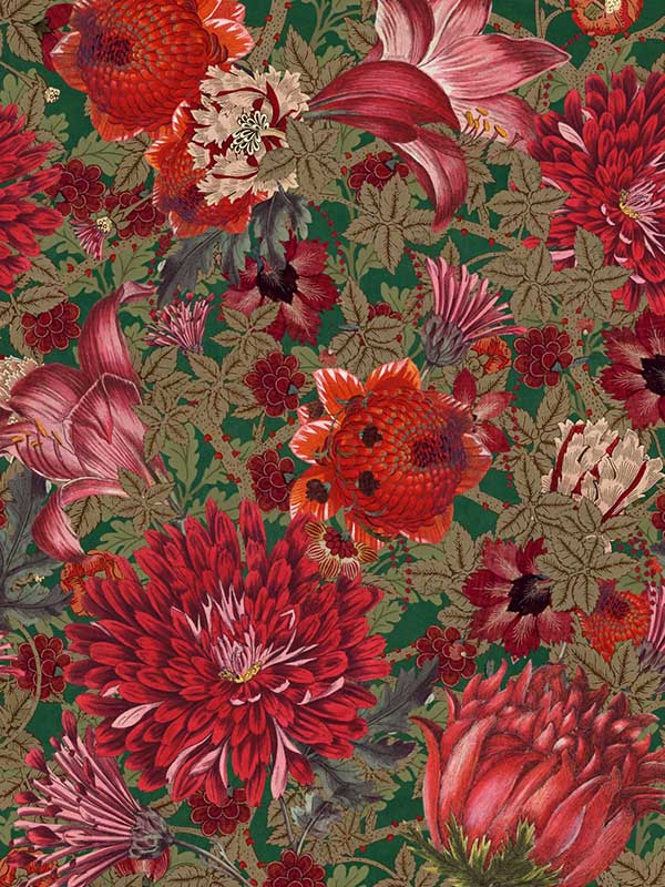 The Flowering fabric in green red color - pattern number WP20552 - by Mind the Gap in the Transylvanian Roots collection