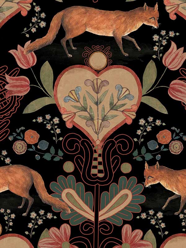 The Vixen fabric in anthracite black red orange green color - pattern number WP20553 - by Mind the Gap in the Transylvanian Roots collection