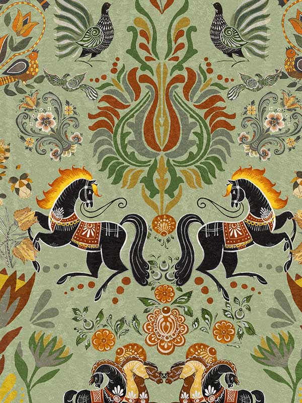 The Folk Parade fabric in black green taupe red yellow color - pattern number WP20555 - by Mind the Gap in the Transylvanian Roots collection