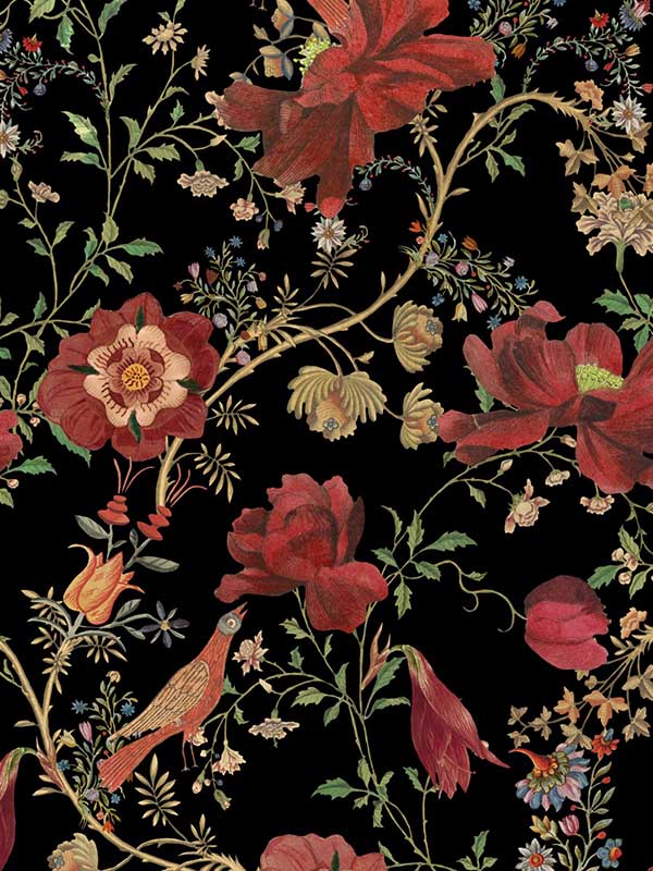 Transsilvaniae Florilegium fabric in dark green red black color - pattern number WP20557 - by Mind the Gap in the Transylvanian Roots collection