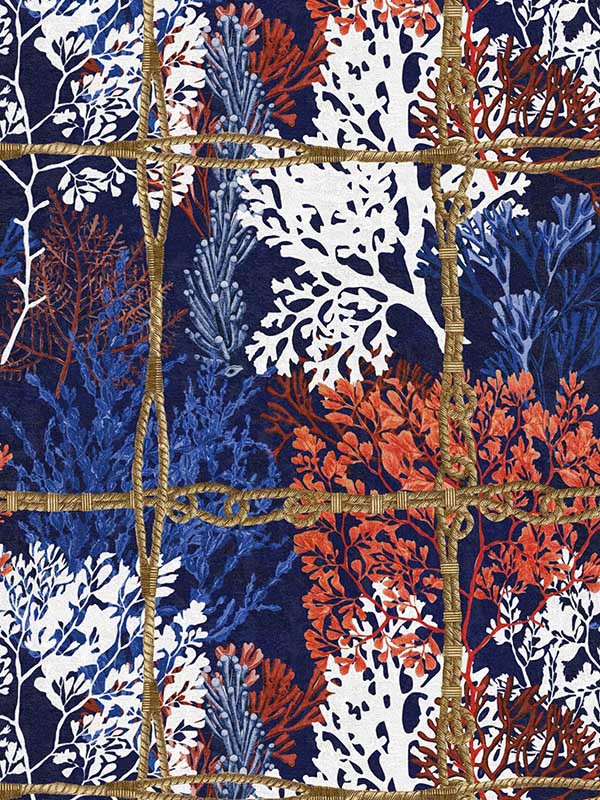 Corallia fabric in dark indigo red black white yellow color - pattern number WP20563 - by Mind the Gap in the Sundance Villa collection