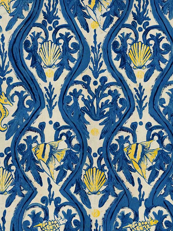 Zakynthos fabric in taupe yellow indigo color - pattern number WP20569 - by Mind the Gap in the Sundance Villa collection