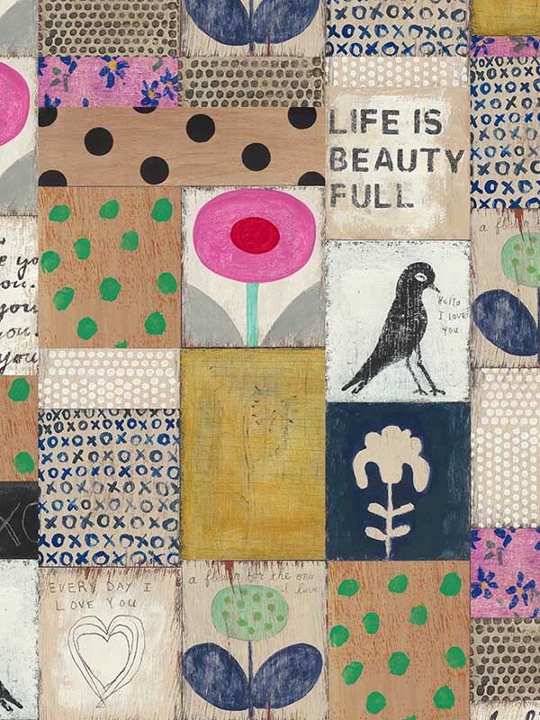 Collage fabric in taupe brown red blue color - pattern number WP20282 - by Mind the Gap in the Sugarboo collection