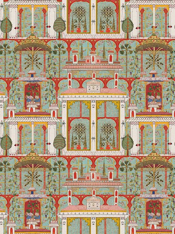 Majorelle Garden wallpaper in agate red mint green yellow blue color - pattern number WP20748 - by Mind the Gap in the Tales of Maghreb collection