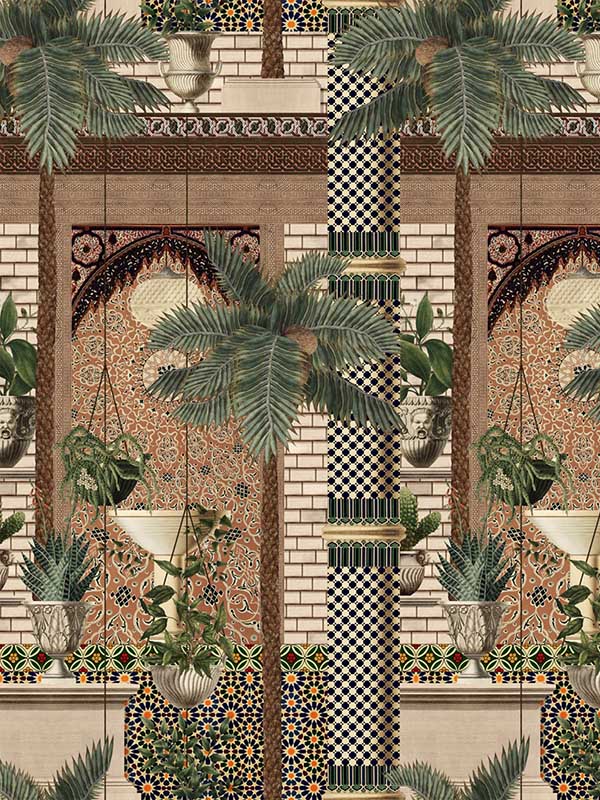 Fez Medina fabric in green taupe brown orange color - pattern number WP20753 - by Mind the Gap in the Tales of Maghreb collection