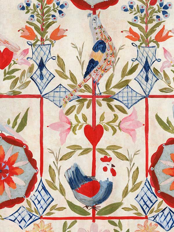 The Bird House fabric in taupe red pink blue green color - pattern number WP20676 - by Mind the Gap in the Tyrol collection