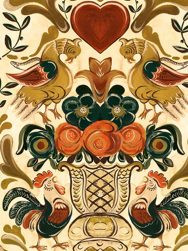 Goldene Henne fabric in taupe ochre red green color - pattern number WP20686 - by Mind the Gap in the Tyrol collection