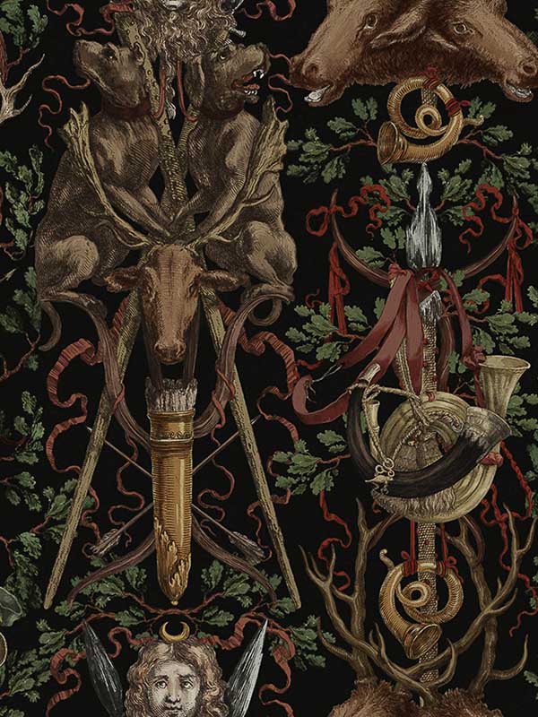 The Ganghofer Hunt fabric in dark black brown red green gold color - pattern number WP20691 - by Mind the Gap in the Tyrol collection