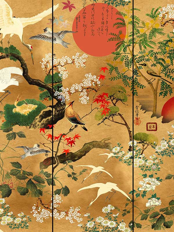 Byobu fabric in metallic edition gold green red color - pattern number WP20295 - by Mind the Gap in the Wallpaper Collectables collection