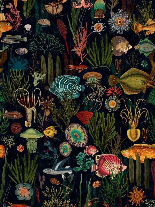 Oceania fabric in green blue red black color - pattern number WP20304 - by Mind the Gap in the Wallpaper Collectables collection