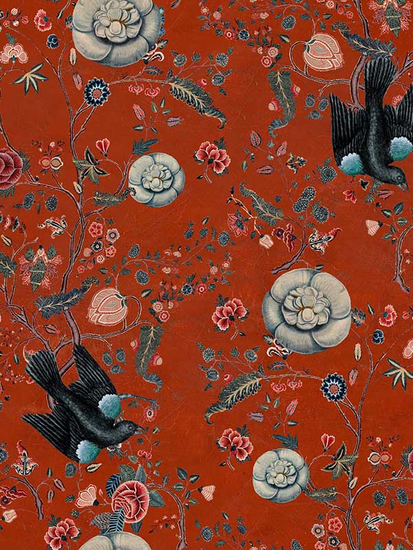 Black Bird fabric in red blue black color - pattern number WP20305 - by Mind the Gap in the Wallpaper Collectables collection