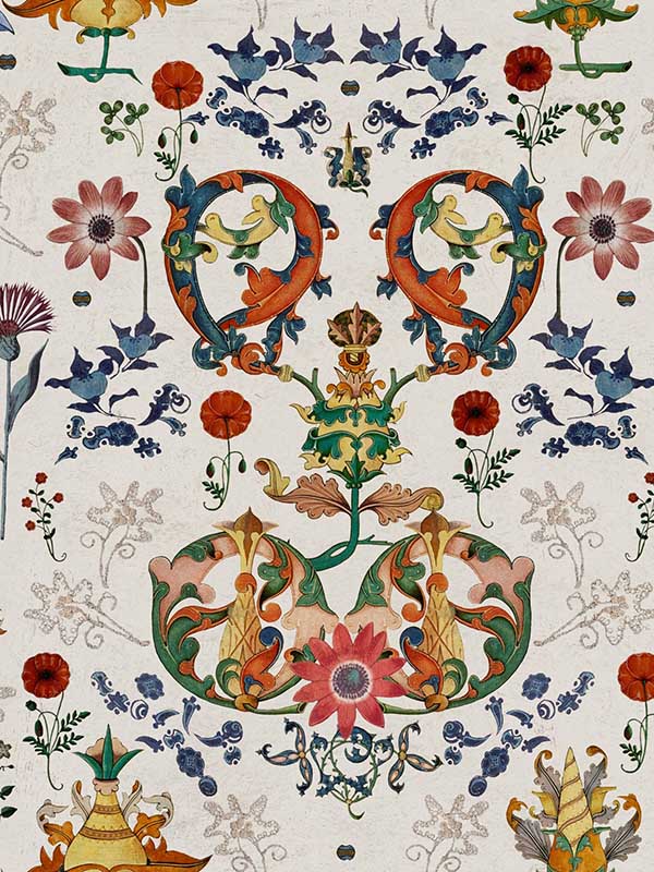 Transylvania Folk fabric in red yellow blue taupe color - pattern number WP20313 - by Mind the Gap in the Wallpaper Collectables collection