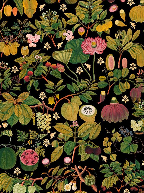 Asian Fruits And Flowers fabric in anthracite green black pink color - pattern number WP20314 - by Mind the Gap in the Wallpaper Collectables collection
